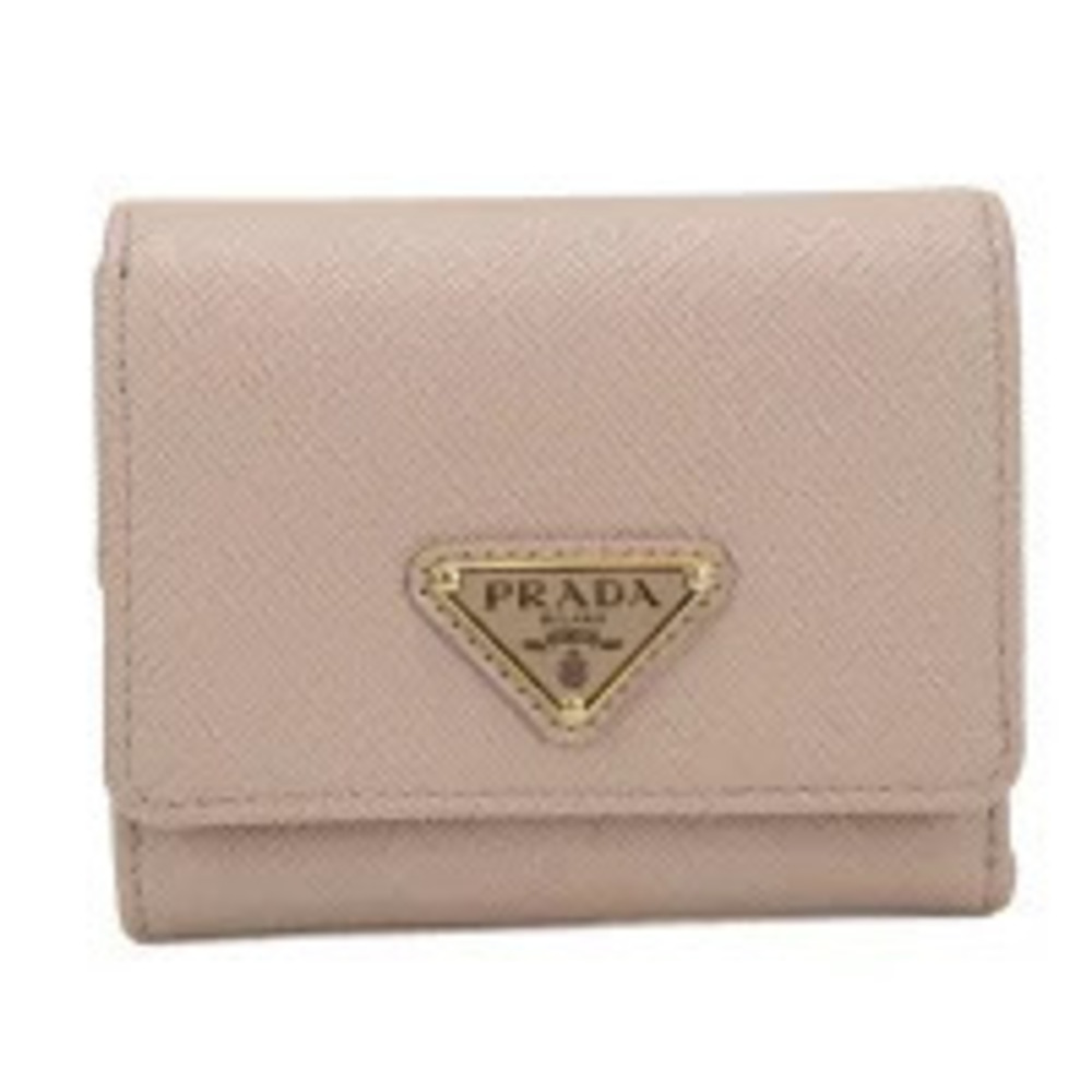 Prada Tri fold Wallet Compact Saffiano Triangle Leather Beige Cream